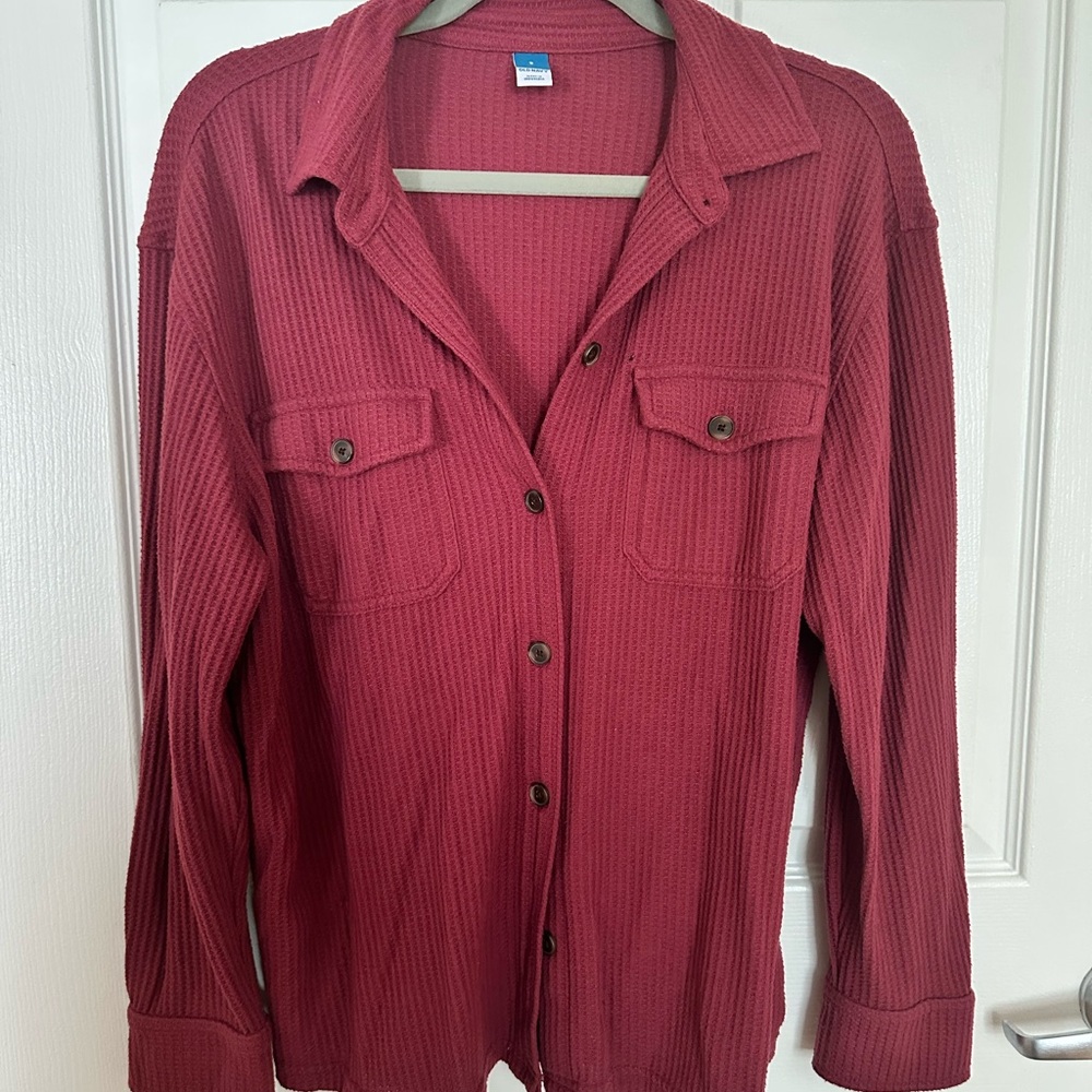 Burgundy Button-Up Waffle Knit Shirt